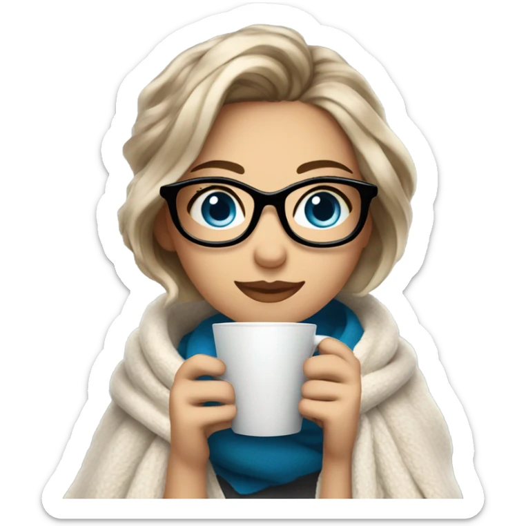 Balayage short hair Girl drinking coffee, with a cozy blanket wearing glasses with blue eyes beautiful  sticker