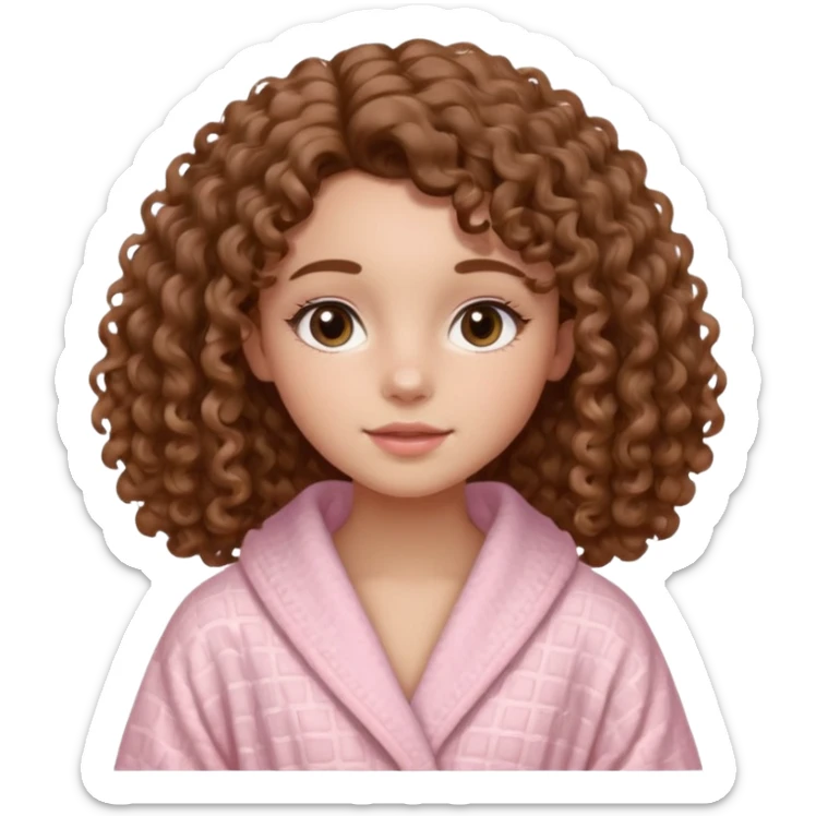  “16-year-old girl with light warm-toned skin and medium brown 3B curly hair, wearing a light pink waffle-textured robe, oval-shaped face with full lips, almond dark eyes, natural makeup look, Clean girl aesthetic, soft curls, natural glow, feminine and sweet expression. sticker