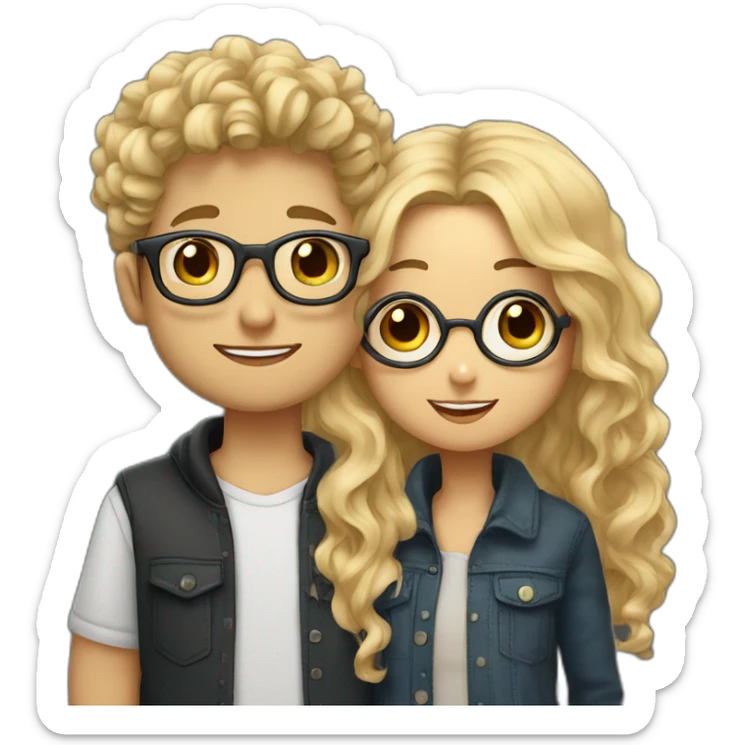Boy with curly blonde hair and glasses kissing girl with wavy black hair and glasses sticker