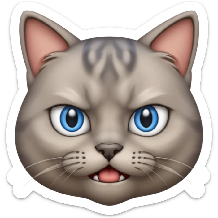 angry grey cat blue small slanted eyes. iphone real emoji style, made the cat look challenging sticker
