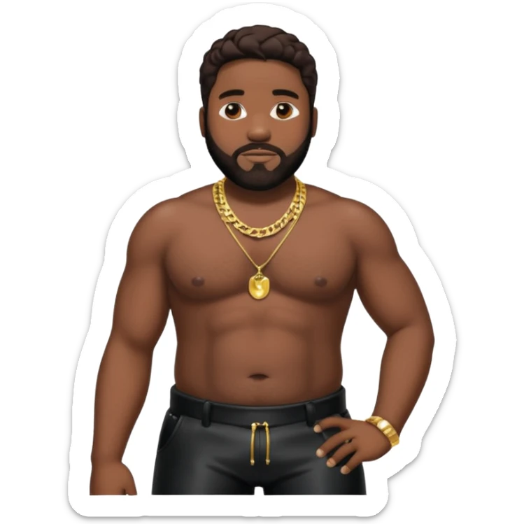 Gerald Levert with dark brown hair, latex black baggy pants, shirtless with necklace sticker