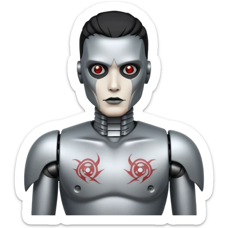 black metal Tatooed robot, big many tatooes on chest, neck and face, white tatoo on face sticker