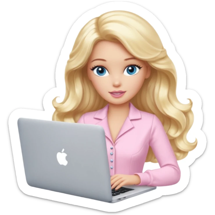 beautiful barbie blonde girl with long wavy hair. she has light blue eyes. she is wearing a pale pink coquette clothing. the girl is working on macbook sticker