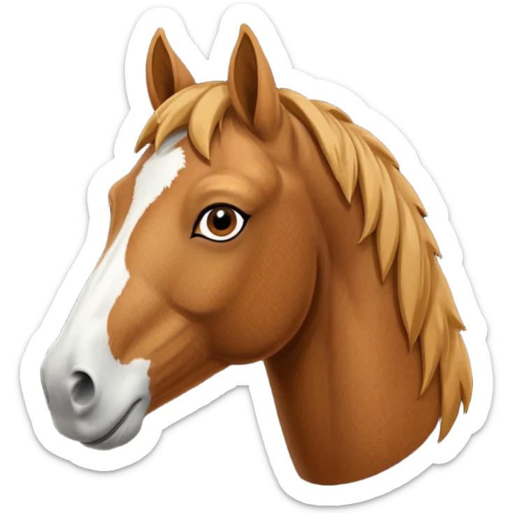 Head of a sorrel horse with a wide white blaze from his forehead, under his forelock, running down his face and under his muzzle, facing forward. sticker