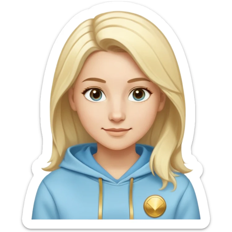 Caucasian female with oval face, light blonde hair with side part, serene smile, light blue sporty hoodie with gold and white fantasy details sticker