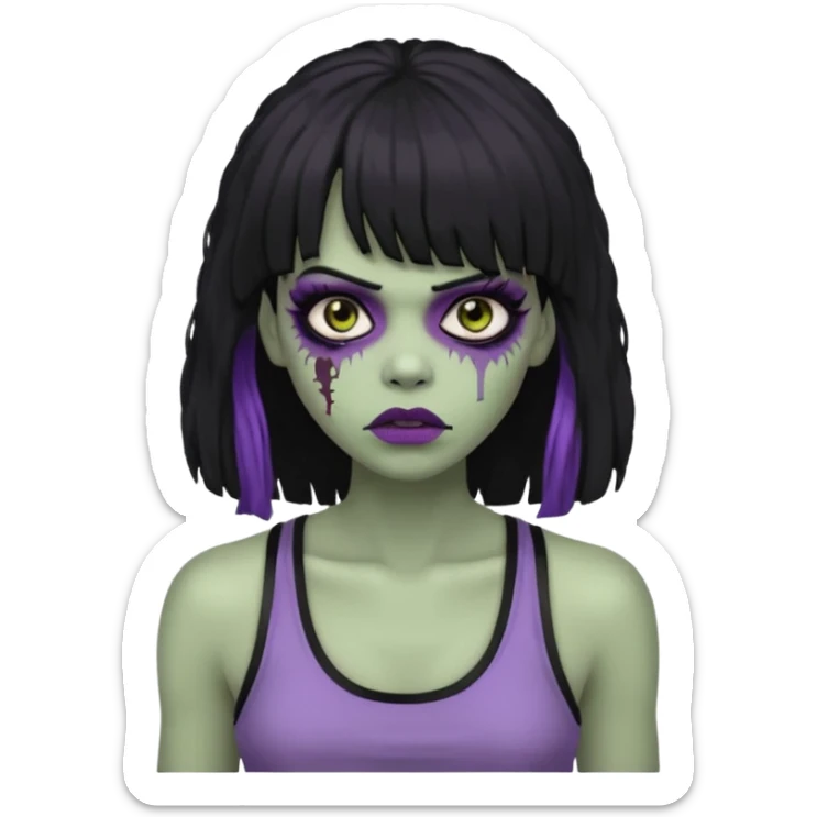 a female zombie with sage green skin, black long afro afro hair with bangs, and a black tank top  sticker
