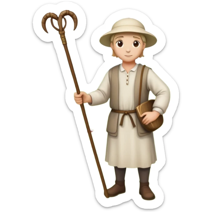 An emoji-style depiction of a shepherd. A person wearing simple, traditional clothing, holding a wooden staff (crook), standing near sheep or leading them. Often outdoors, in a field or hillside setting, symbolizing care, guidance, and rural life sticker