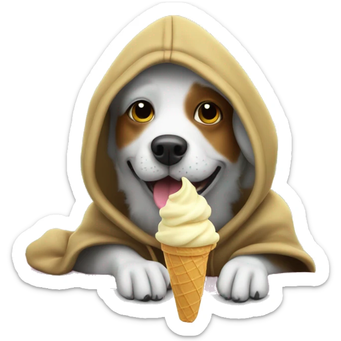 Dog wearing a hoodie with a top hat eating ice cream on a surfboard sticker
