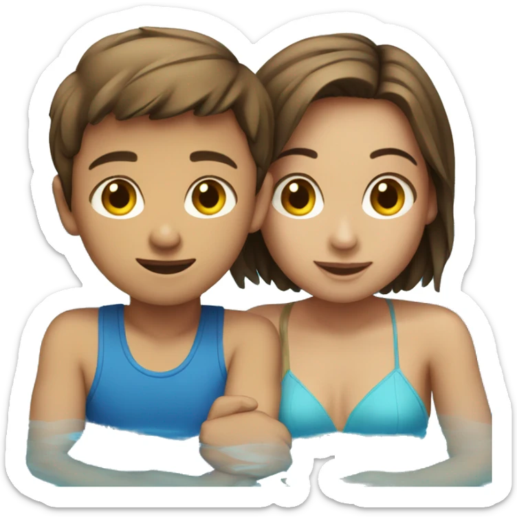 boy short brown hair and girl sitting in a pool with water sticker