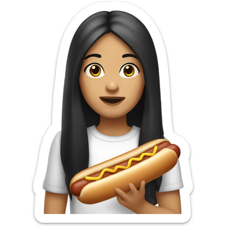 white italian girl with long black hair, brown eyes, eating hot dog sticker