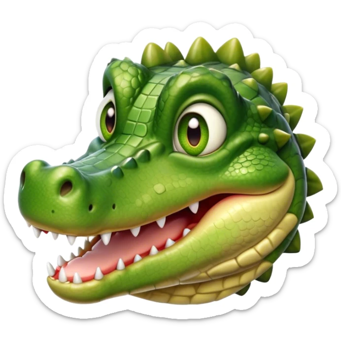 Cinematic Realistic Cute Crocodile Portrait Emoji, Head tilted playfully and inquisitively, featuring a robust, well-defined build with intricately detailed, glossy olive-green scales and a surprisingly endearing face with round, sparkling eyes full of unexpected charm, rendered with lifelike texture and natural highlights, high shine, affectionate and spirited, styled with a touch of wild whimsy, soft glowing outline, capturing the essence of a mischievous yet lovable crocodile that seems poised to snap playfully out of the screen into your arms! sticker