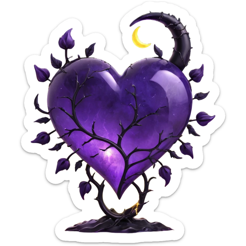 gothic heart made of purple glass with a crescent moon behind the heart, black rose petals falling, glowing stardust, forked lightning, stormy rain, fractured cracked glass texture sticker