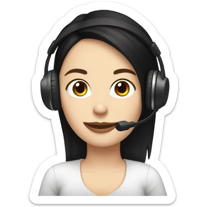 black hair white girl in a black headphones，sipping an iced Americano while holding a laptop sticker