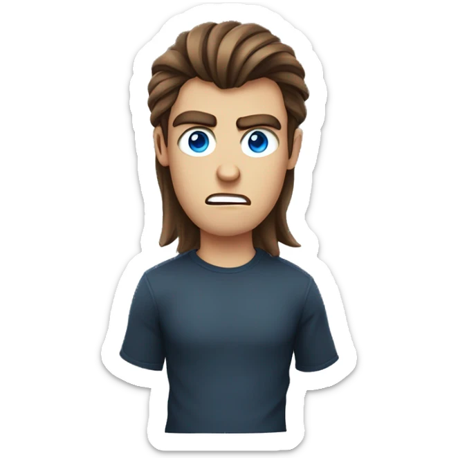 Angry, male, wearing a black shirt, has brown hair, has blue eyes, has long hair up to shoulders parted in the middle, shirt design says ADHD sticker