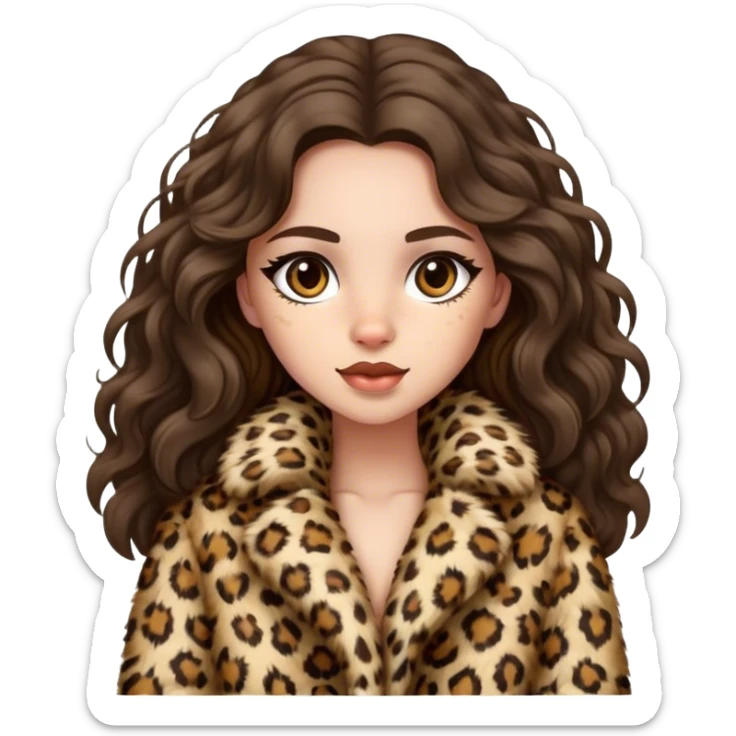 Brunette girl with long wavy hair in fluffy leopard fur coat  sticker