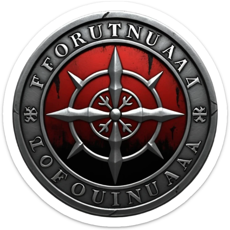 Minimal emoji, gothic metal coin made of black steel, engraved word FORTUNA at the center, ancient industrial aesthetic, worn metal texture, no glow, no neon, flat emoji design, centered, transparent background sticker