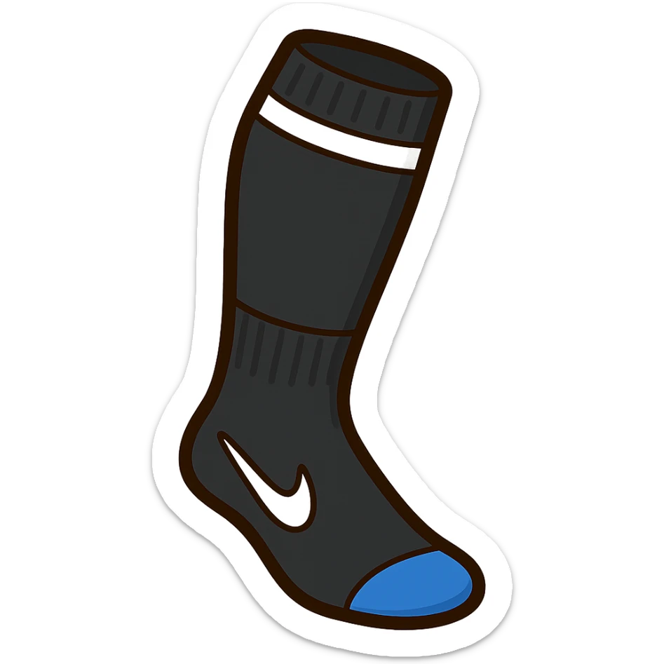 A single black football sock with a white Nike tick, knee-high style, emoji style, no background sticker