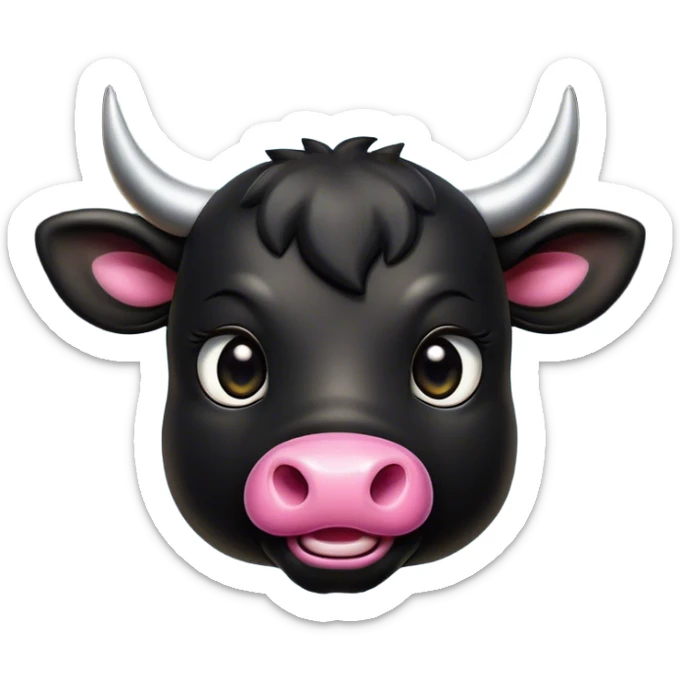 Cinematic Cute Black Bull Portrait Emoji, Head tilted playfully and inquisitively, featuring a glossy, robust black hide with a striking sheen, round, sparkling dark eyes filled with gentle curiosity, Simplified yet irresistibly adorable features, highly detailed, glowing with a warm, friendly glow, high shine, affectionate and imposing, stylized with a touch of rugged charm, bright and endearing, soft glowing outline, capturing the essence of a mischievous yet loving bull, so playful it feels like it could stomp out of the screen and into your arms! sticker