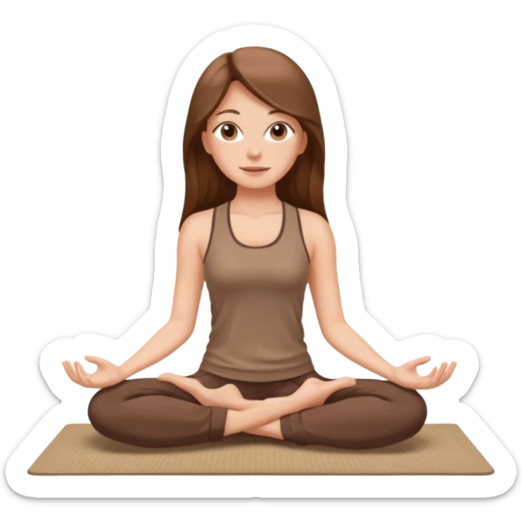 Brown long hair, white girl sitting on a beige rug doing yoga, brown clothes sticker