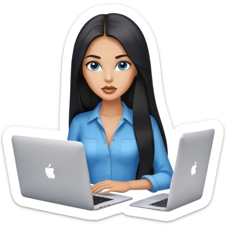 Glamours tanned very beautiful girl with pump nude lips and black straight smooth long hair, blue-grey eyes in beautiful clothing with MacBook. sticker