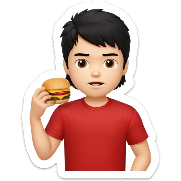 generate a pretty fair bratz boy with a messy mullet (black hair), wearing a red tshirt. eating a burger and fries, big biceps sticker