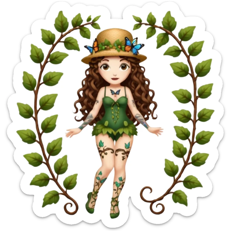 full body woman long curly brown hair brown eyes white skin tattoos wearing butterfly hat and glowing vine stockings sticker