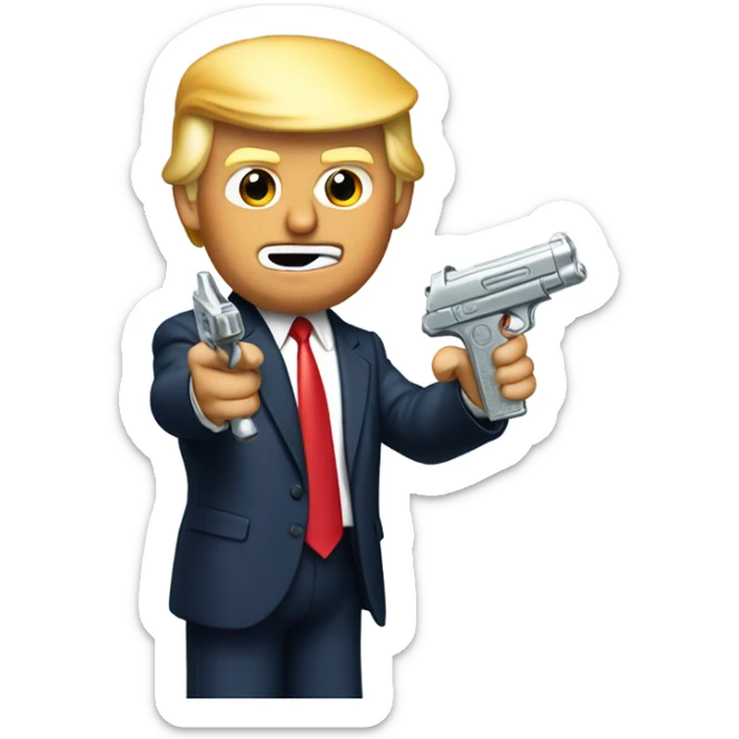 Donald trump holding a silver squirt gun in one hand and aiming the quirt gun at the side of his head sticker