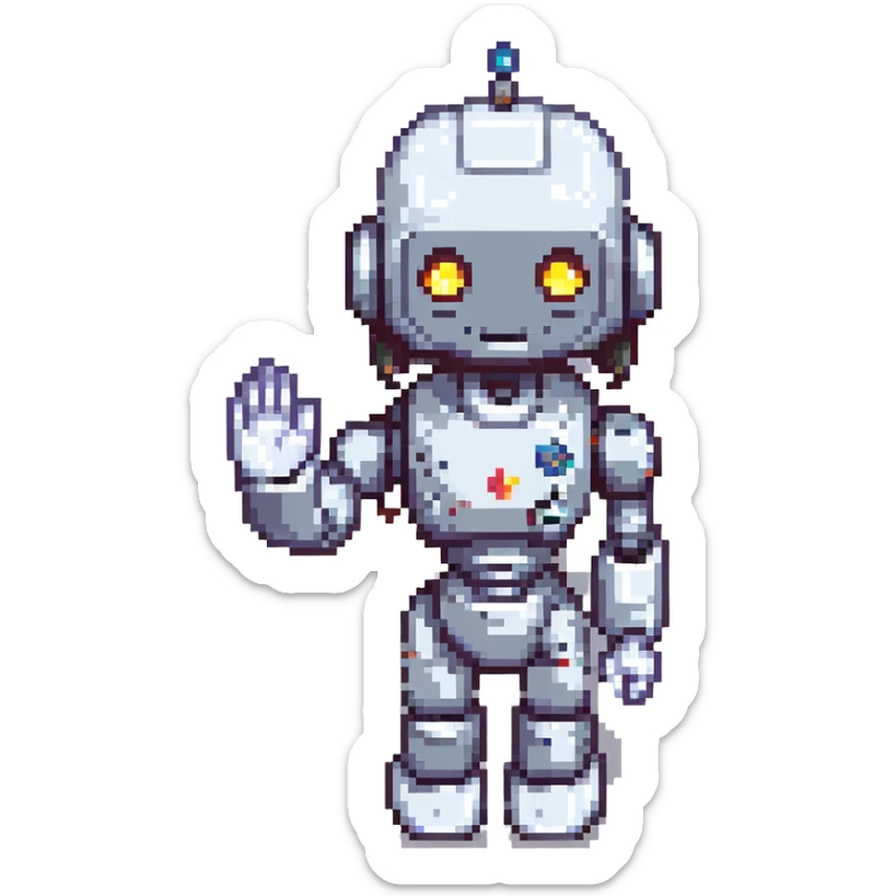shoulders-up portrait of a cute female recruiter robot, 8-bit pixel art style, metallic, talking, one hand in the air as if presenting sticker