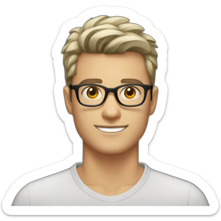 22 years old Caucasian male wearing black polo and silver glasses with black quiff haircut and stubble beard sticker