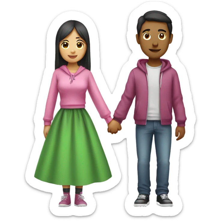 Tall mexican guy with hoodie and short asian girl with pink dress holding hands sticker