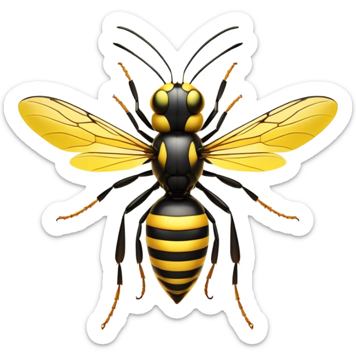 Cinematic Noble Wasp Portrait Emoji, Poised and formidable, with a sleek, slender body in bold yellow and black hues, angular, translucent wings and sharp, focused eyes exuding determined intensity, Simplified yet strikingly defined features, highly detailed, glowing with a cool, assertive radiance, high shine, intelligent and vigilant, stylized with an air of natural precision, focused and alert, soft glowing outline, capturing the essence of a watchful wasp that appears ready to buzz out of the screen with commanding presence! sticker