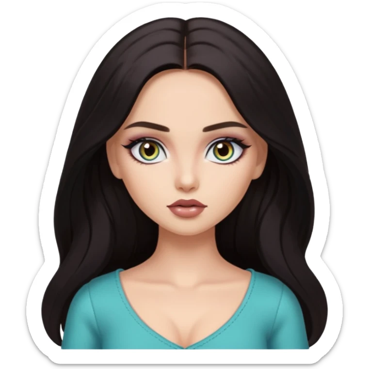 dark long hair, pretty heterochromia eyes, pretty makeup, pretty bratz baddie sticker