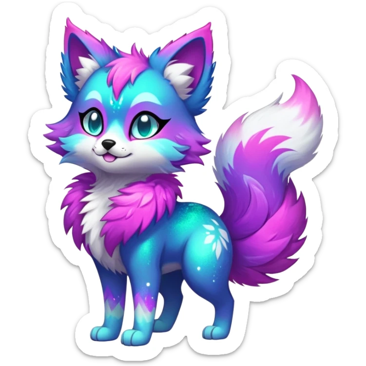 Vibrant multicolored neon-colored Falvie-Fionbri-creature-sparkle-feline-canine-hybrid-fursona, full body sticker