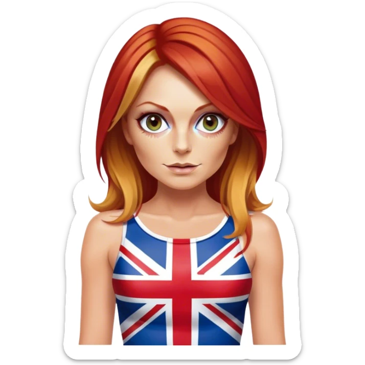Geri Halliwell with red hair and blonde highlights wearing a short bodycon uk flag dress sticker