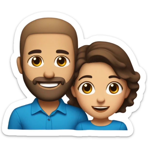 Brown-haired Puerto Rican woman with dark brown eyes wearing a cute blue blouse giving comforting hug to short, bald man with brown eyes, laugh lines, and a beard sticker