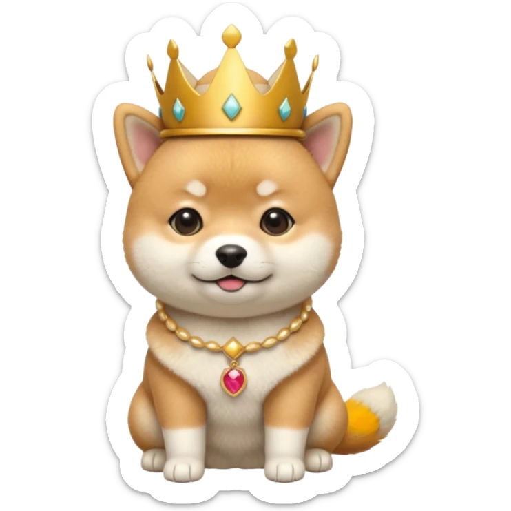 8month old Shiba Inu puppy emoji, wearing small golden crown, cute royal expression, round body, soft fluffy fur, glossy eyes, bright pastel background, kawaii mascot style, centered composition, high quality render sticker