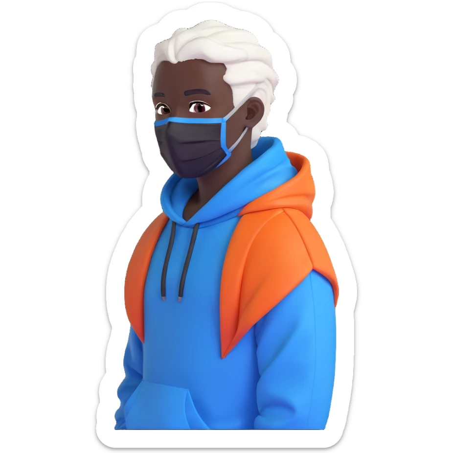 Discord emoji of a Black-skinned man with white hair and a little bit of blue, hair tied up at the back in a style similar to the first photo, viewed from the right angle, wearing a medical mask and a black hoodie with an orange hood, hairstyle features blue at the ends and center of the hair sticker