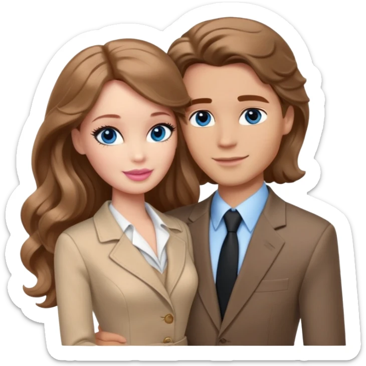 Barbie girl  , eyes blue , Chestnut  long wavy hair In beige clothes, Hugs a man with brown hair, brown eyes and a black suit sticker