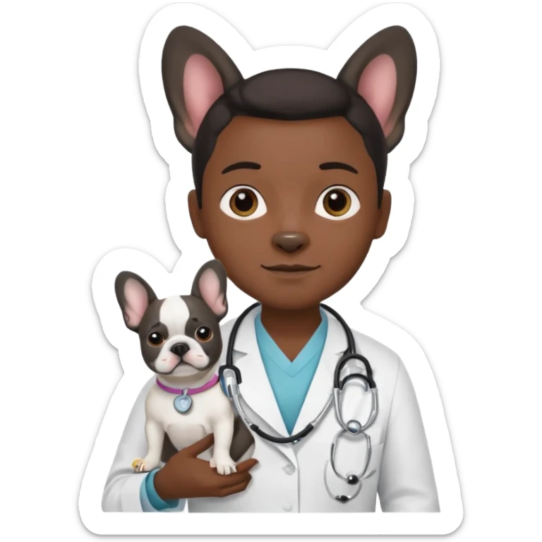 hombre médico que tenga un estetoscopio de color de tez negra que sostiene un bulldog francés blanco sticker