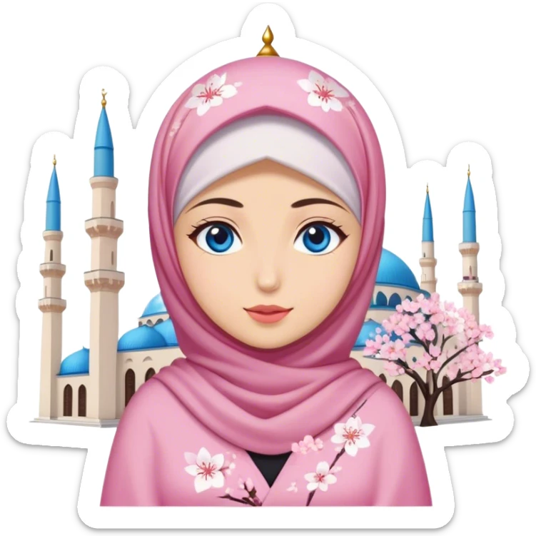 Turkish beautiful finish Konya girl blue eyes with hijab and cherry blossom dress on mosque sticker