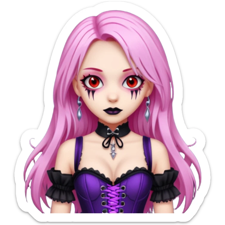 pretty scary girl, long straight LIGHT pink HAIR,SCARY RED eyes, black eyeliner, pale skin, purple corset clothes with laces sticker