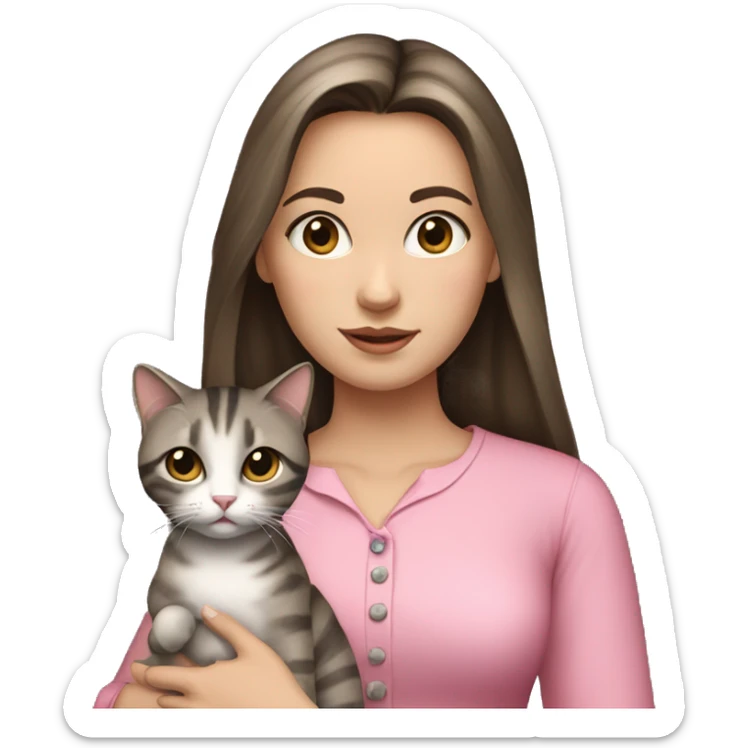 Brunette girl with straight hair in a pink blouse, holding a gray, striped, brown-eyed cat with a bow in her arms sticker