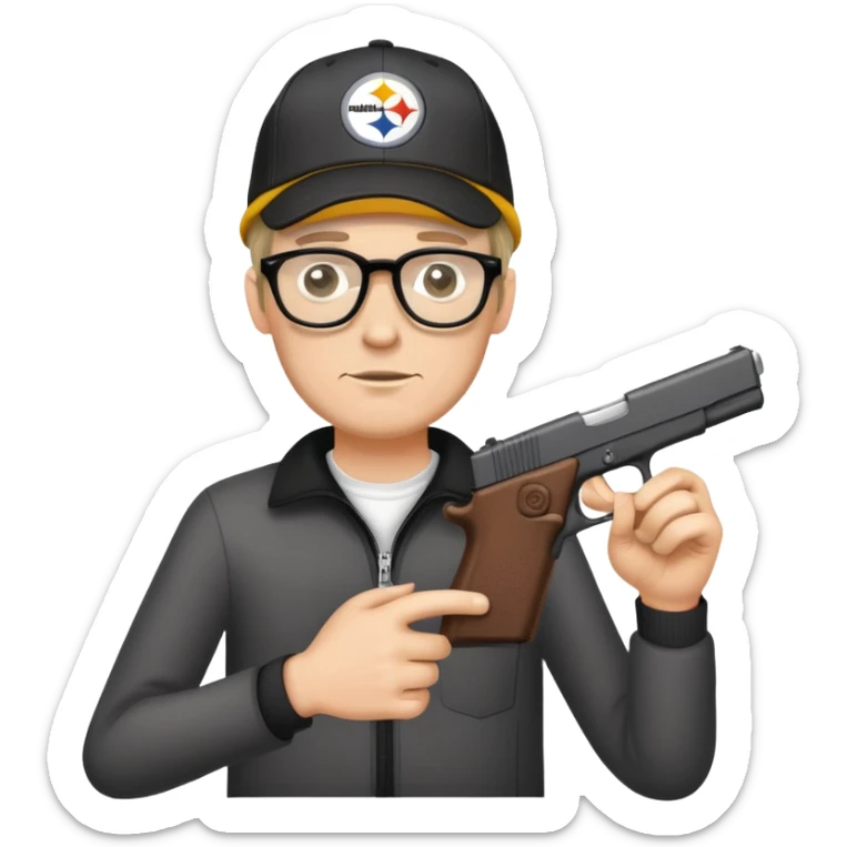 Skinny white man wearing glasses and a Steelers hat holding a Glock sticker