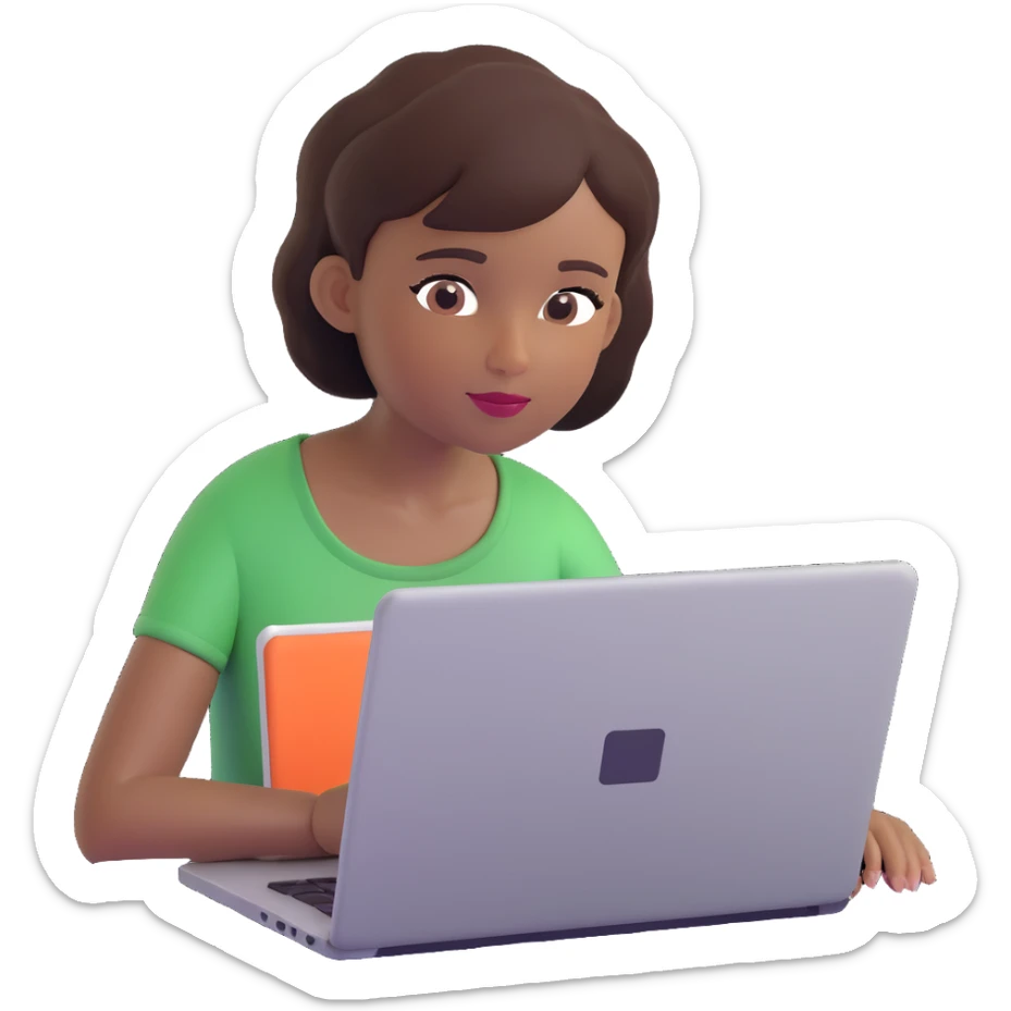 memoji of a short-haired girl with dark complexion, white ethnicity, working on a laptop, simple and clear composition sticker