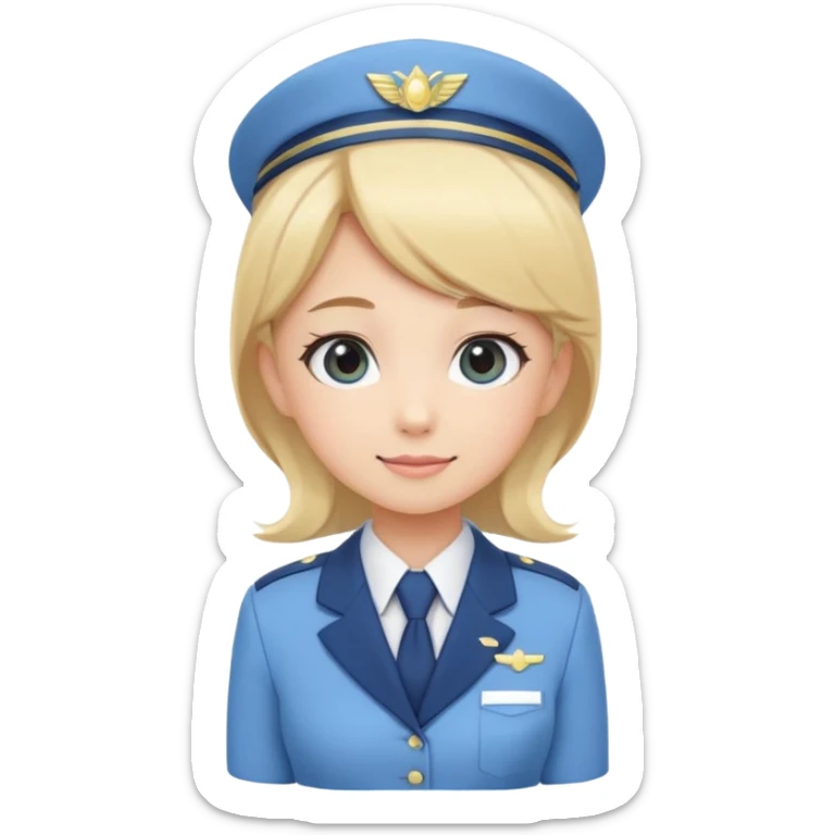 Cute emoji-style Japanese flight attendant, blonde hair, pastel blue airline uniform, kawaii cartoon style, big eyes, simple clean lineart, pastel colors, chibi proportions, friendly smile, sticker/emoji, transparent background sticker