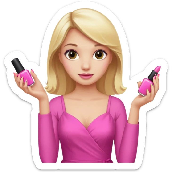 A blonde girl in pink holds nail polishes in her hand sticker