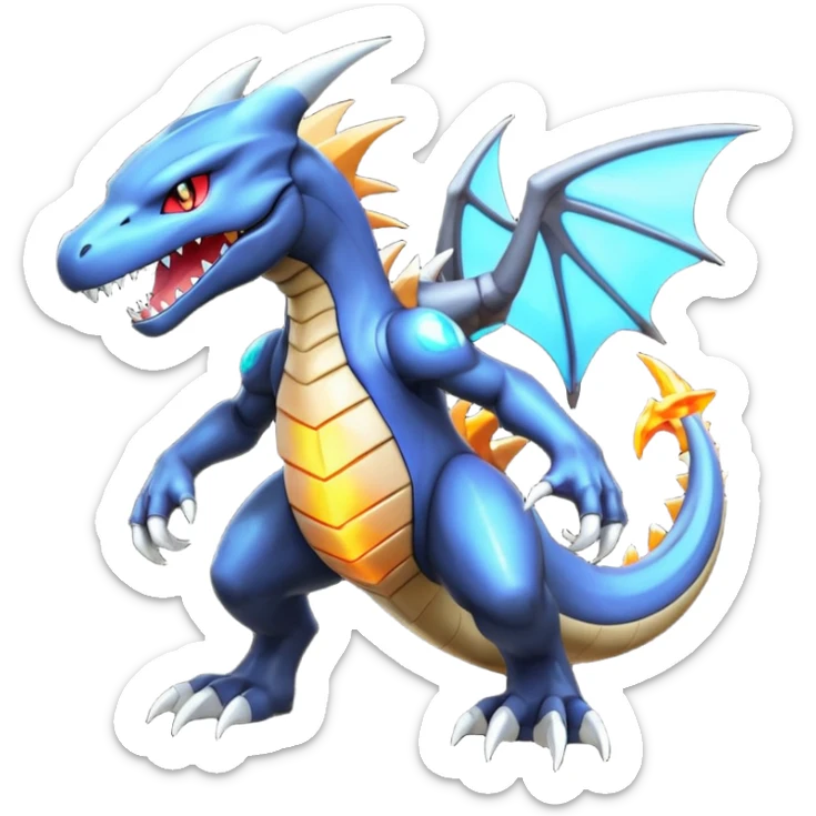 Shiny futuristic Cyber-Garchomp-Charizard-Marowak-Fakémon-hybrid-creature (full body)  sticker