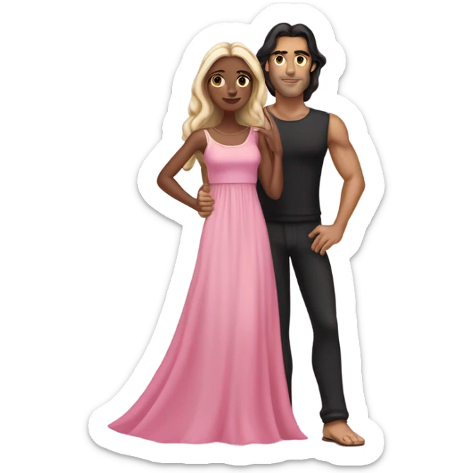 A handsome pale Greek god man who has long brown hair and tanned skin with a pretty black skinny tall model woman who has long black hair and she is wearing a pink dress and they are a couple sticker