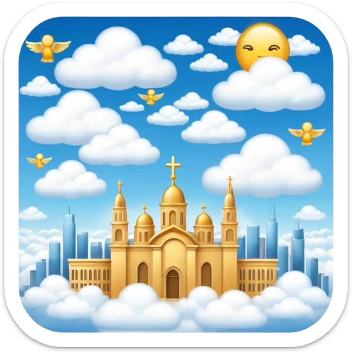 heaven with golden city skylines, angels soaring above, and fluffy clouds, emoji style sticker