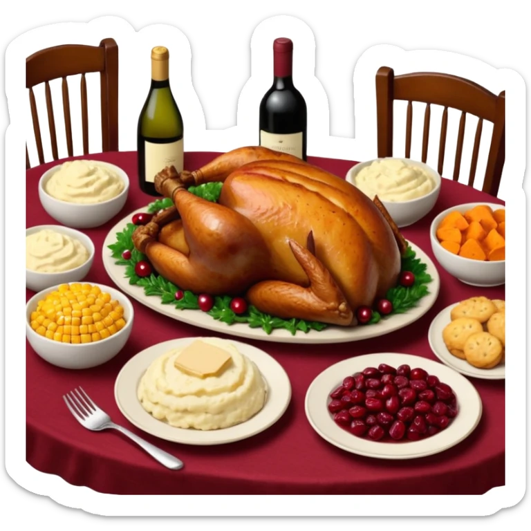Thanksgiving Dinner with friends of all different races; have the food be a cooked turkey, mashed potatoes, corn, a basket of biscuits, a small bowl of cranberry sauce, baked yams, steamed vegetables, and a bottle of wine. sticker